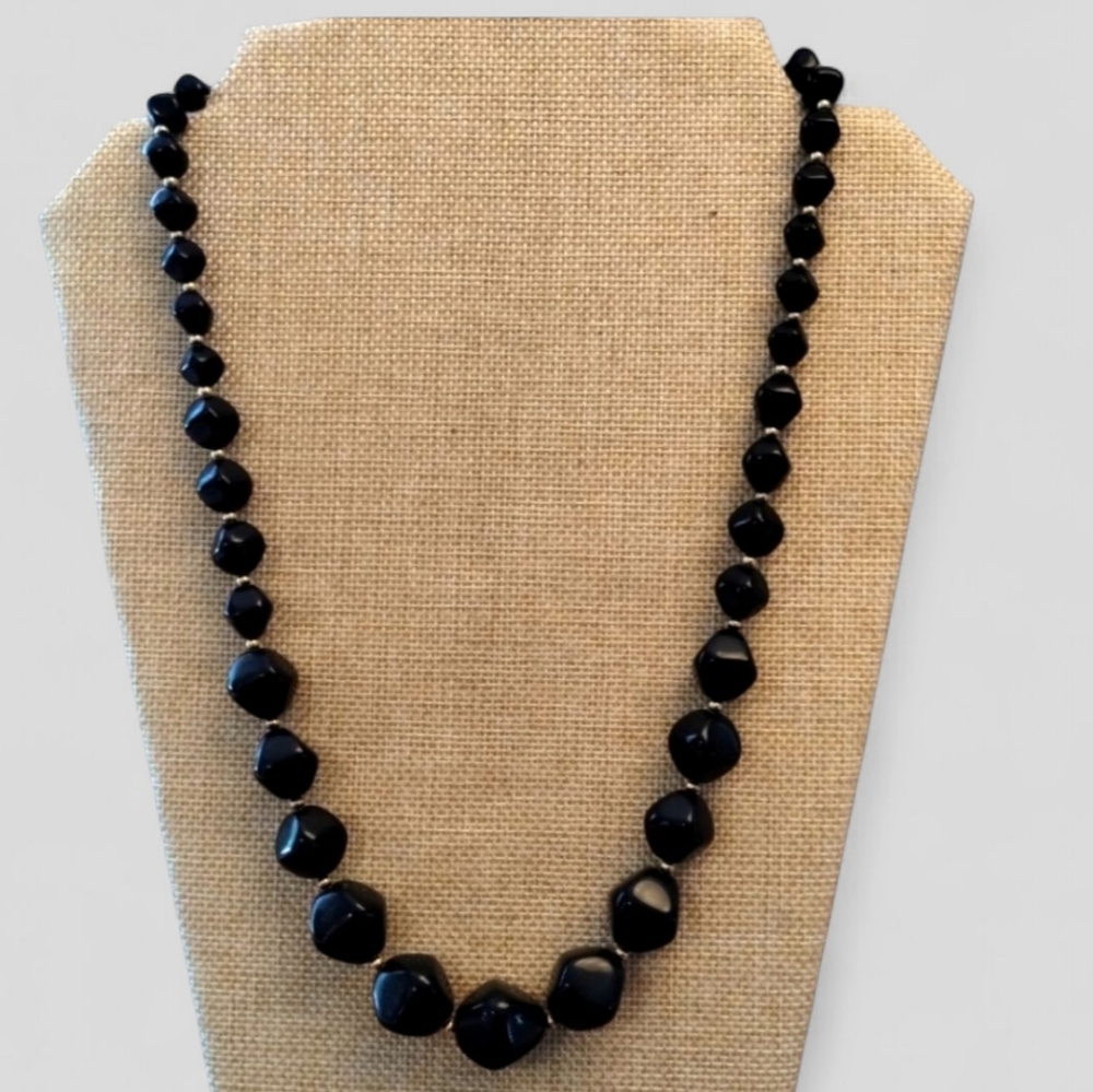 Beaded Necklace Vintage Black Avon 24" Geometric Octagon Shaped